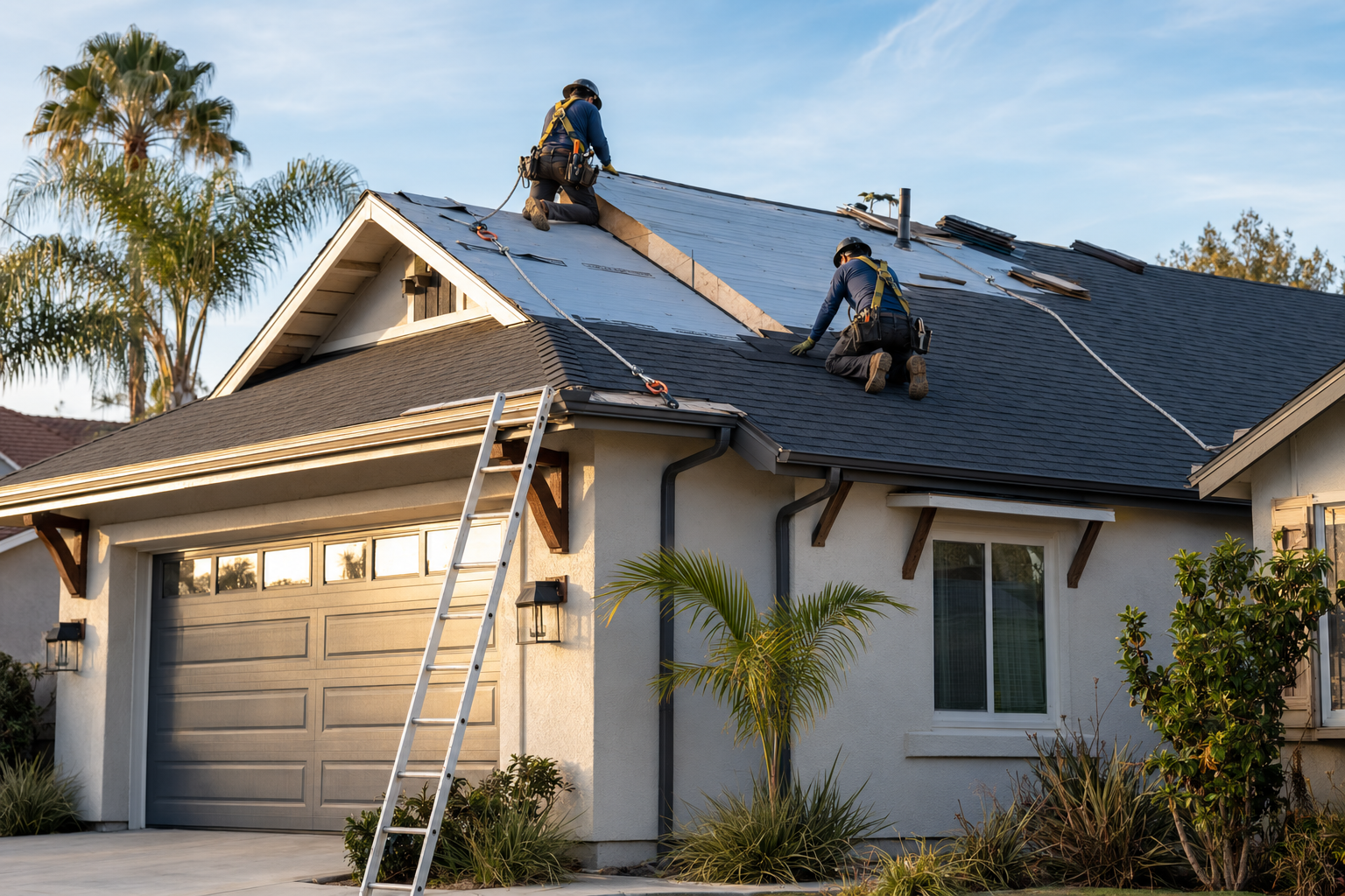 Roofing professionals replacing a roof on a Southern California home